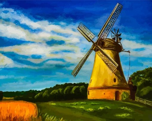 Vintgae Old Windmil In Landscape Art By Diamond Painting