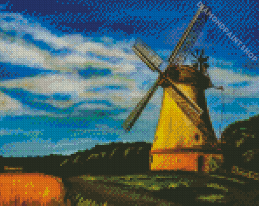 Vintgae Old Windmil In Landscape Art By Diamond Painting