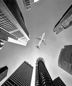 Black And White A Plane And Skyscrapers Diamond Painting