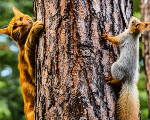 Cat And Squirrel Holding A Tree With Diamond Painting