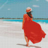 Lady In Red Dress On The Beach Diamond Painting