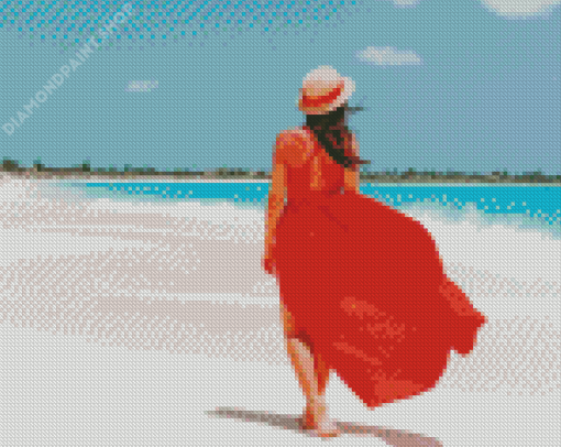 Lady In Red Dress On The Beach Diamond Painting