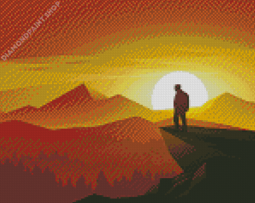 Man On Hill Top At Sunset Vector Diamond Painting