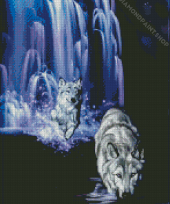 Wolves And Purple Waterfall In Moonlight By Diamond Painting