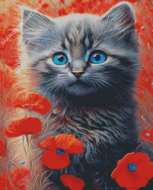 Cat And Poppies Diamond Painting