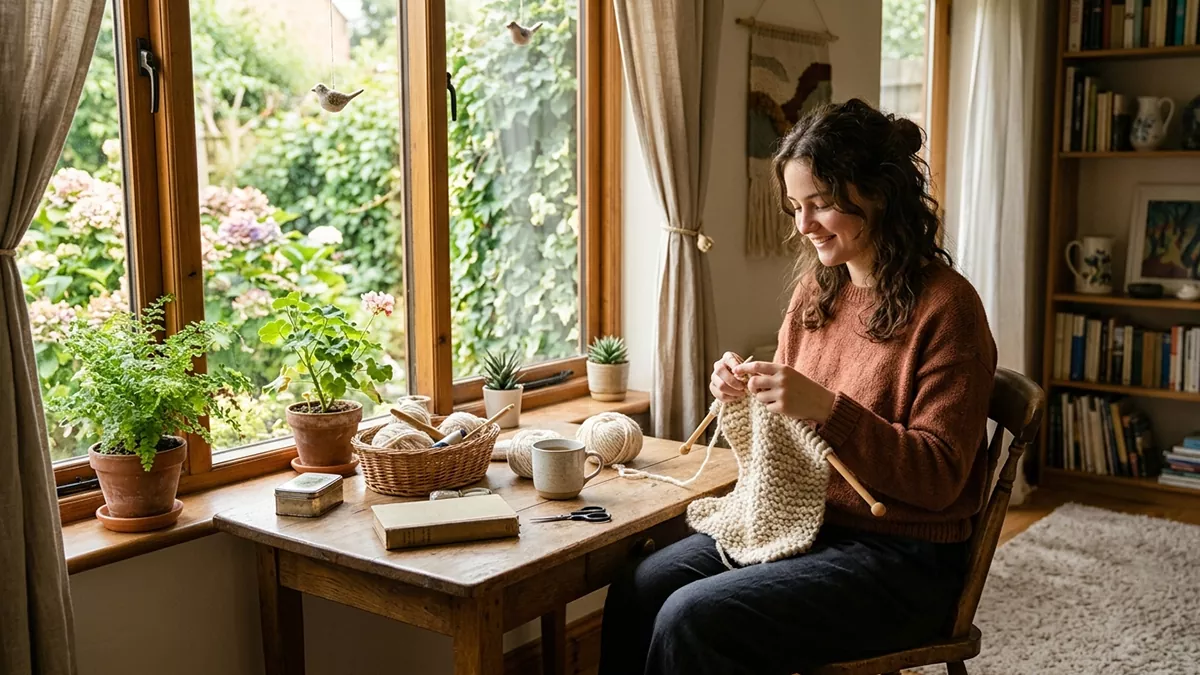 A person enjoying a calm, screen-free craft by a window