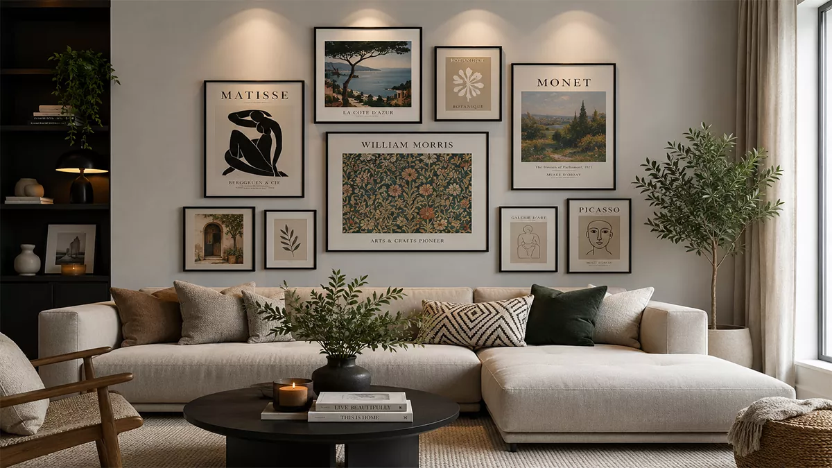 A styled feature wall with framed art in a modern living room
