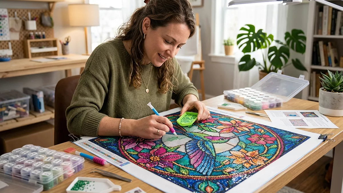 An adult working on a detailed, colourful 5D diamond painting kit