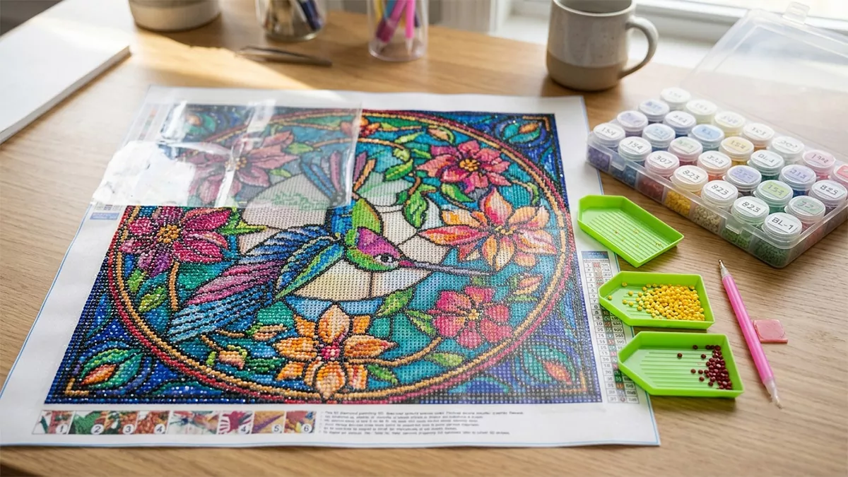An open 5D diamond painting kit showing the canvas, drills, pen and tray