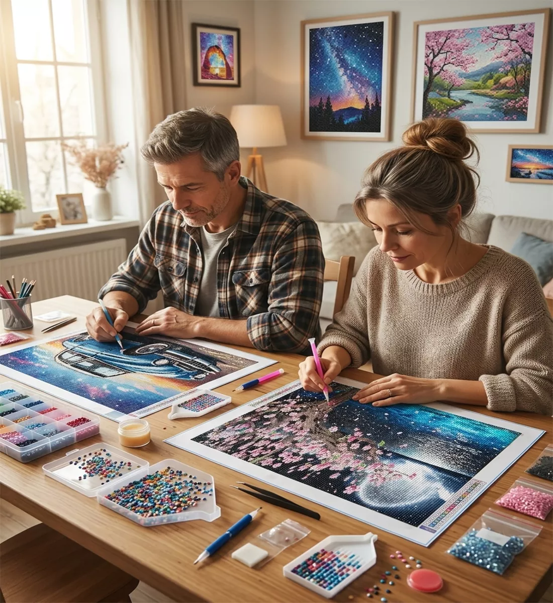 Hands placing a sparkling drill on a 5D diamond painting kit with a finished framed piece behind