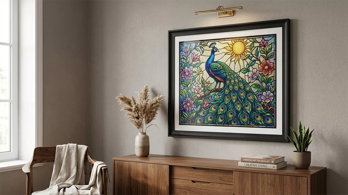 A finished 5D diamond painting framed and hung on a wall